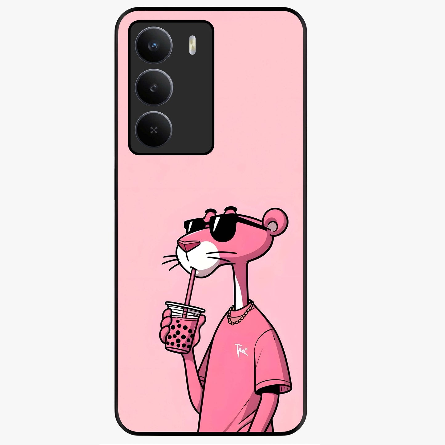 Pink Panther Glass Case showing flat back view with iconic pink panther artwork and glossy glass finish.