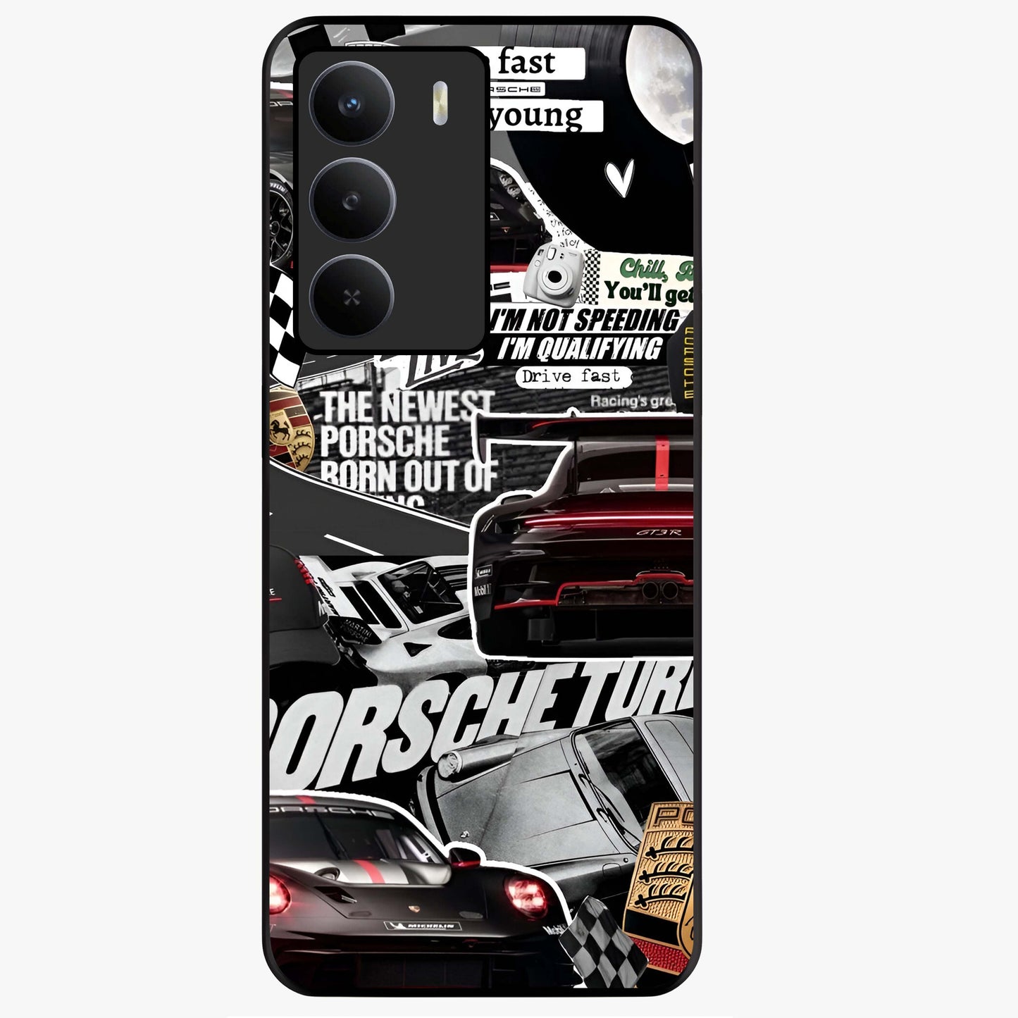 Porsche Racing Collage Glass Case showing flat back view with sports car racing collage artwork and glossy glass finish.