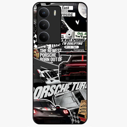 Porsche Racing Collage Glass Case showing flat back view with sports car racing collage artwork and glossy glass finish.