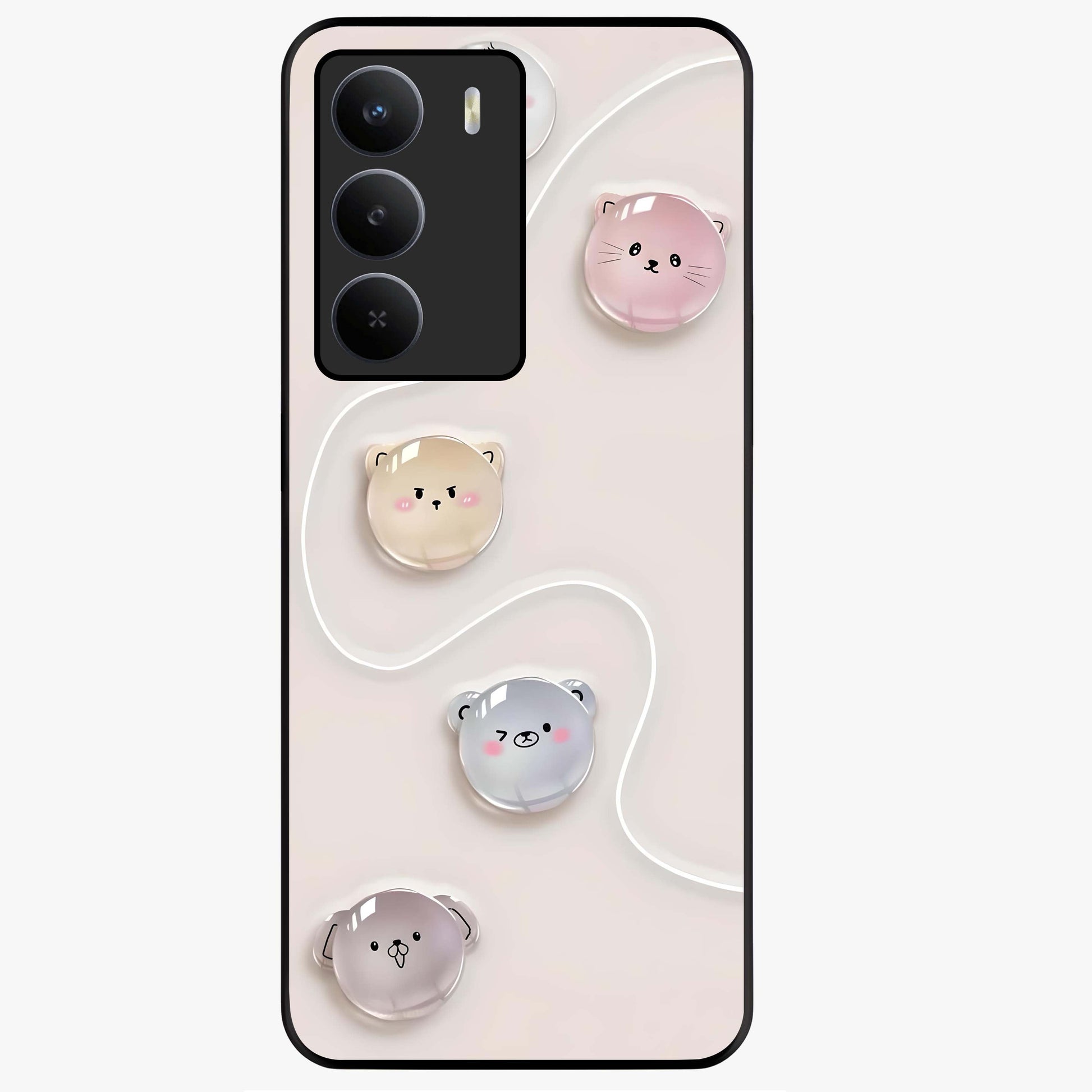Puffy Face Parade Glass Case showing flat back view with cute puffy character faces artwork and glossy glass finish.