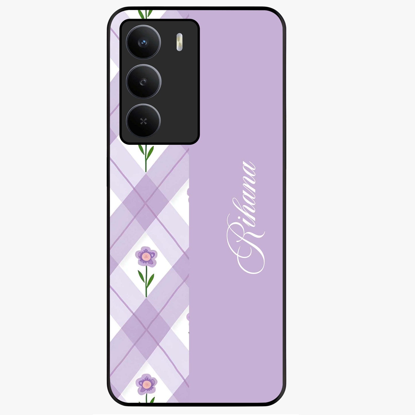 Purple Diamond Floral Glass Case showing flat back view with diamond shaped floral artwork and glossy glass finish.