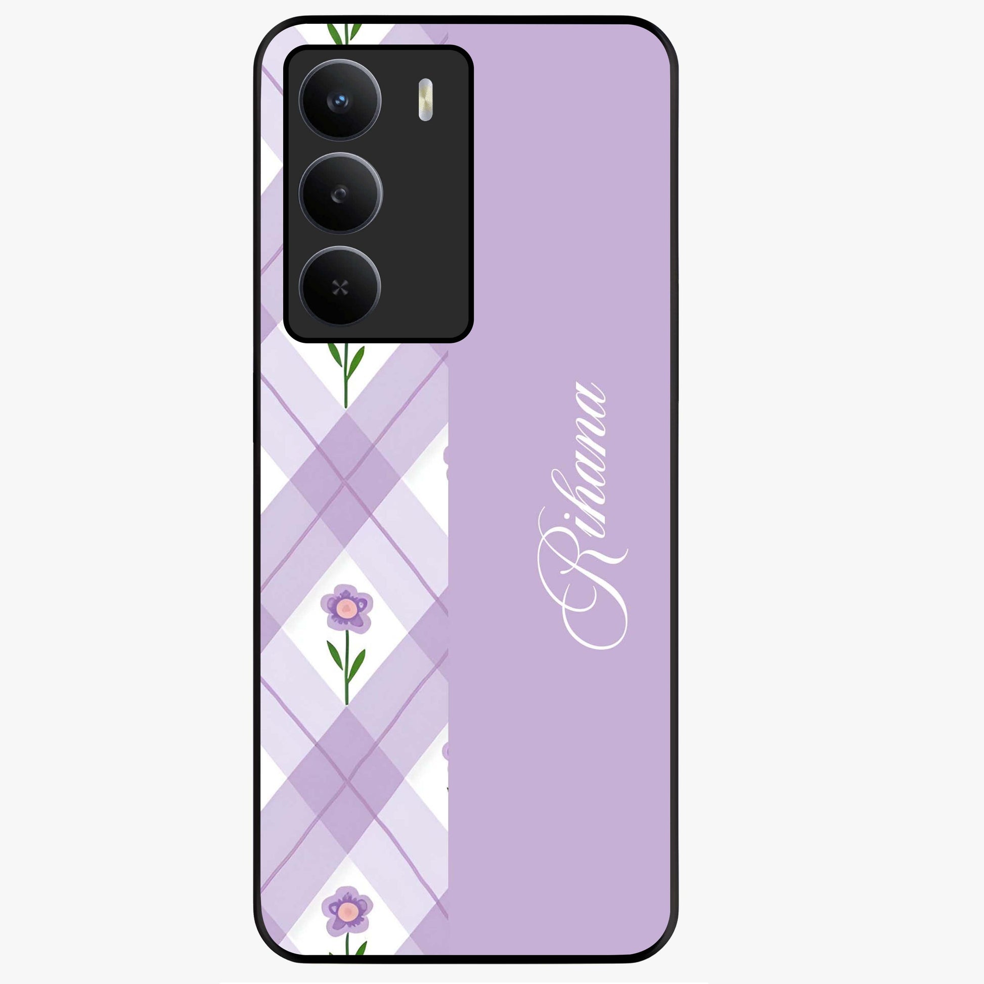 Purple Diamond Floral Glass Case showing flat back view with diamond shaped floral artwork and glossy glass finish.