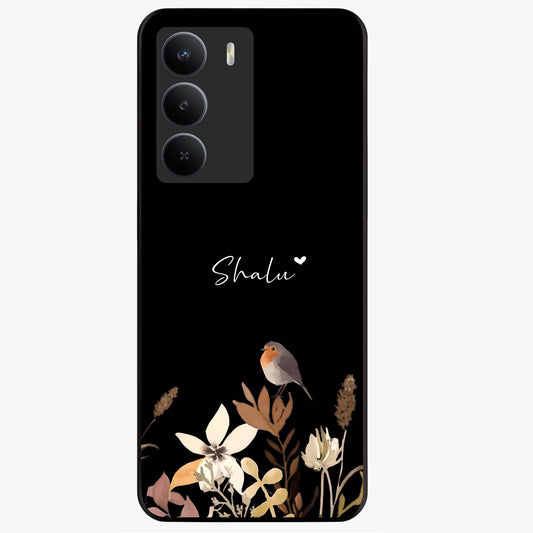 Quiet Garden Tune Custom Name Glass Case showing flat back view with peaceful garden artwork and personalized name design.