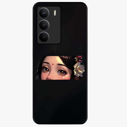 Radha Divine Embrace Glass Case showing flat back view with devotional Radha artwork and glossy glass finish.