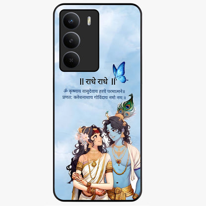 Radha Krishna Eternal Glass Case showing flat back view with Radha Krishna devotional artwork and glossy glass finish.