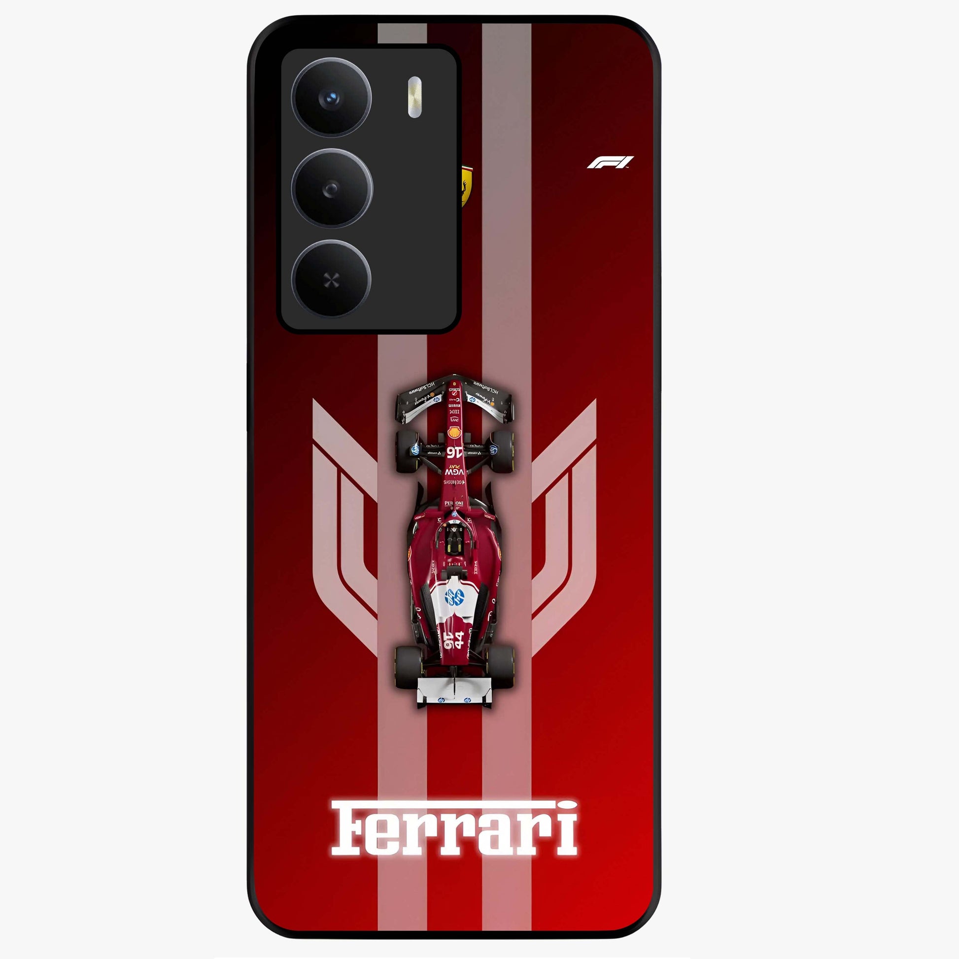 Red Ferrari F1 Vertical Glass Case showing flat back view with sleek Formula racing car artwork and glossy glass finish.