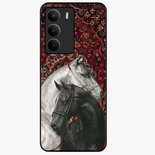 Regal Stallion Tapestry Glass Case showing flat back view with majestic horse tapestry artwork and glossy glass finish.