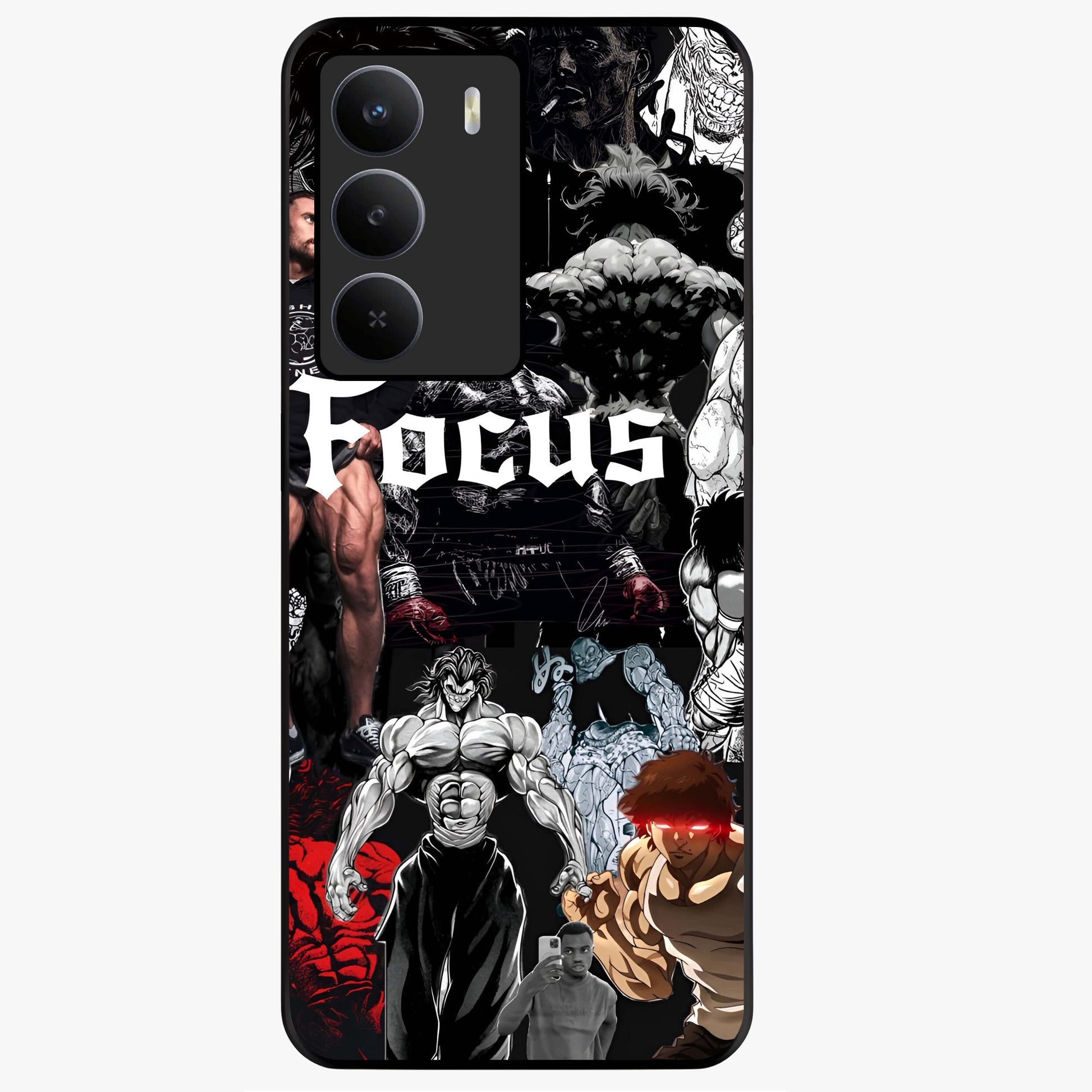 Relentless Power Focus Glass Case showing flat back view with motivational typography artwork and glossy glass finish.
