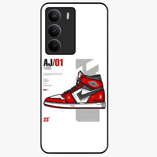 Retro Sneaker Blueprint Glass Case showing flat back view with sneaker blueprint style artwork and glossy glass finish.