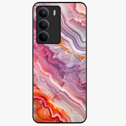 Rose Quartz Marble Glass Case showing flat back view with pink marble quartz texture artwork and glossy glass finish.