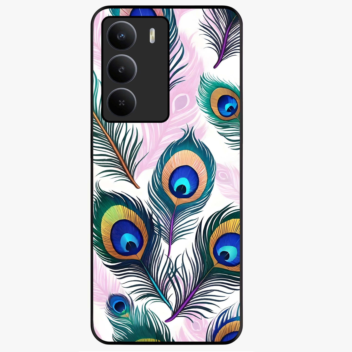 Royal Peacock Feathers Glass Case showing flat back view with colorful peacock feather artwork and glossy glass finish.