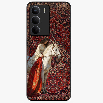 Royal Rider Tapestry Glass Case showing flat back view with majestic horse rider tapestry artwork and glossy glass finish.