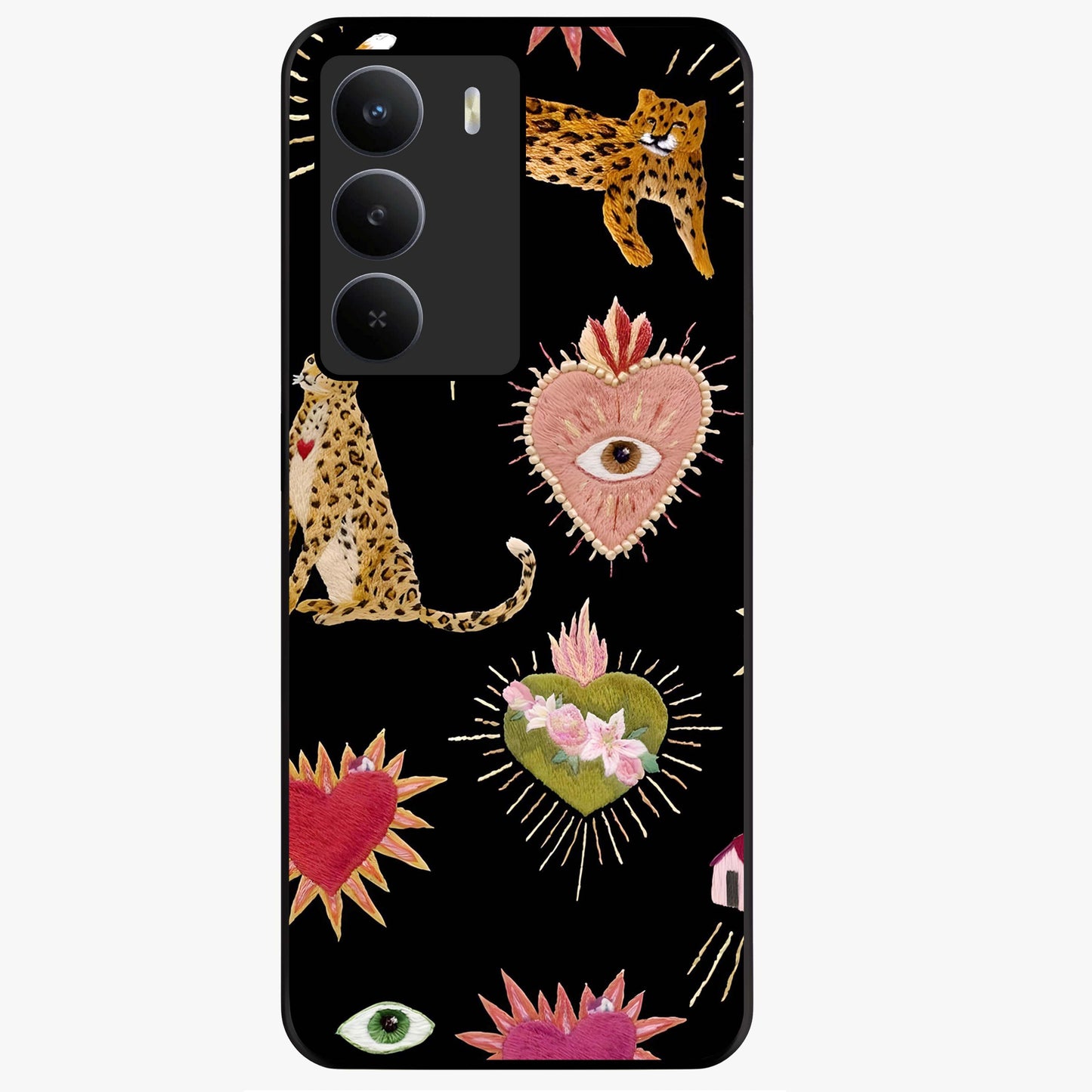Sacred Jungle Heart Glass Case showing flat back view with jungle inspired heart artwork and glossy glass finish.