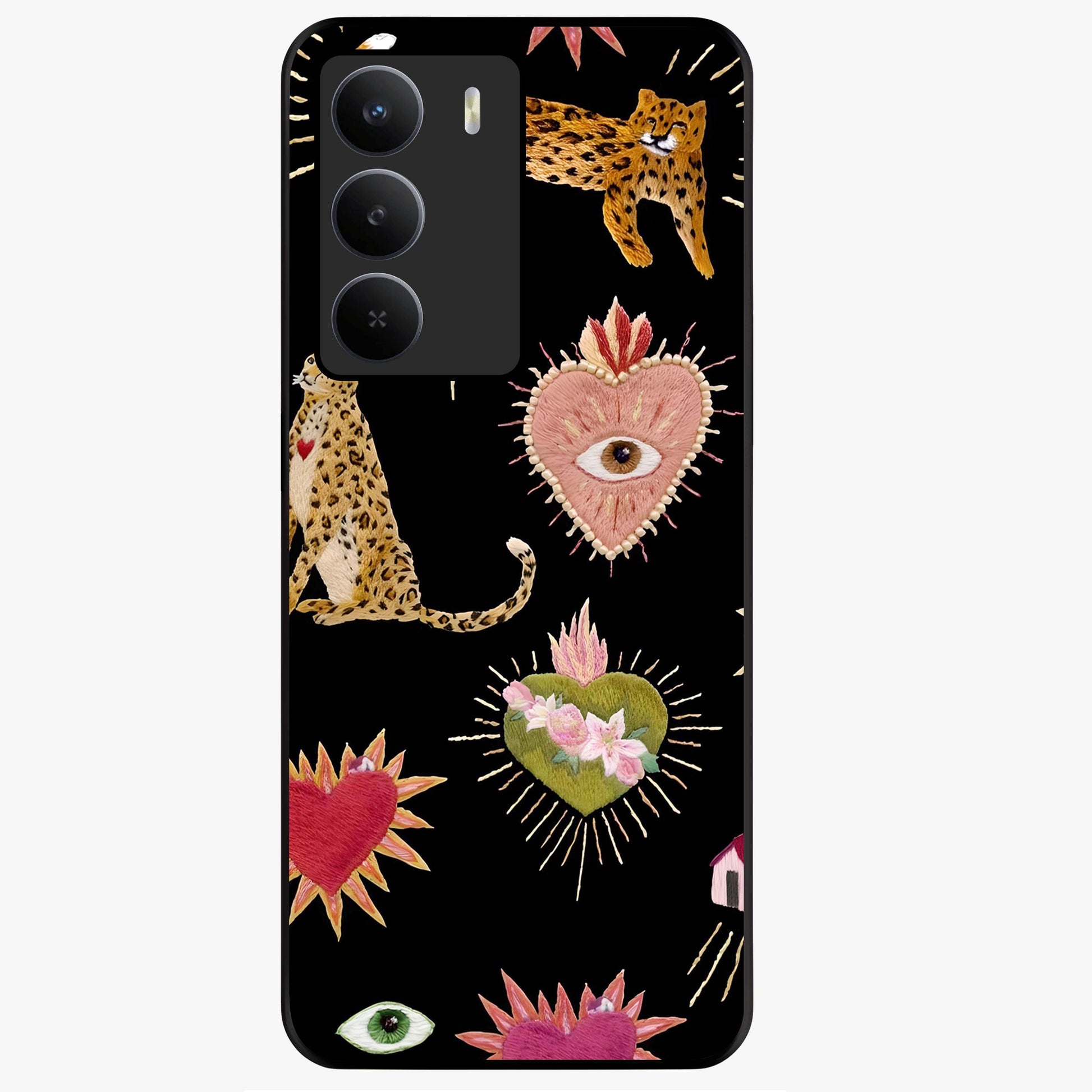 Sacred Jungle Heart Glass Case showing flat back view with jungle inspired heart artwork and glossy glass finish.