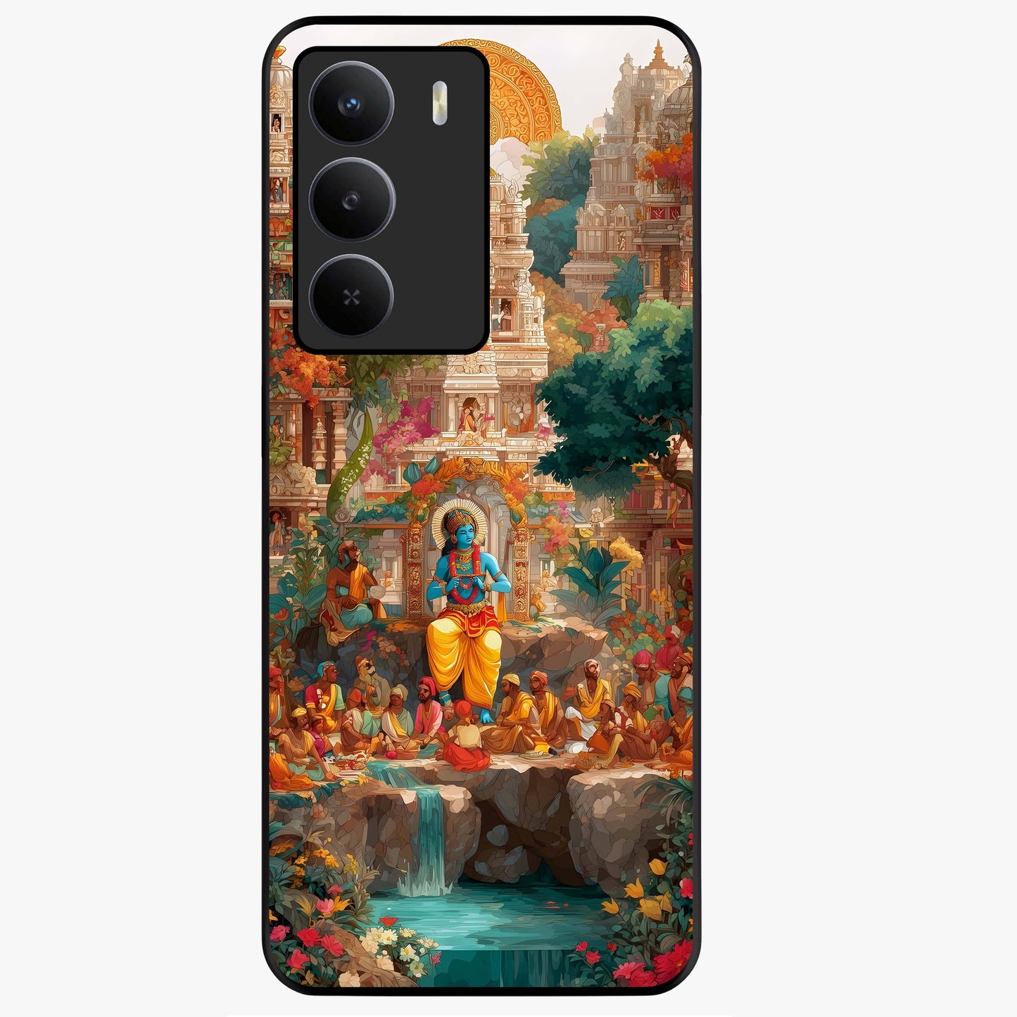 Sacred Sunlight Gods Glass Case showing flat back view with divine sunlight themed artwork and glossy glass finish.