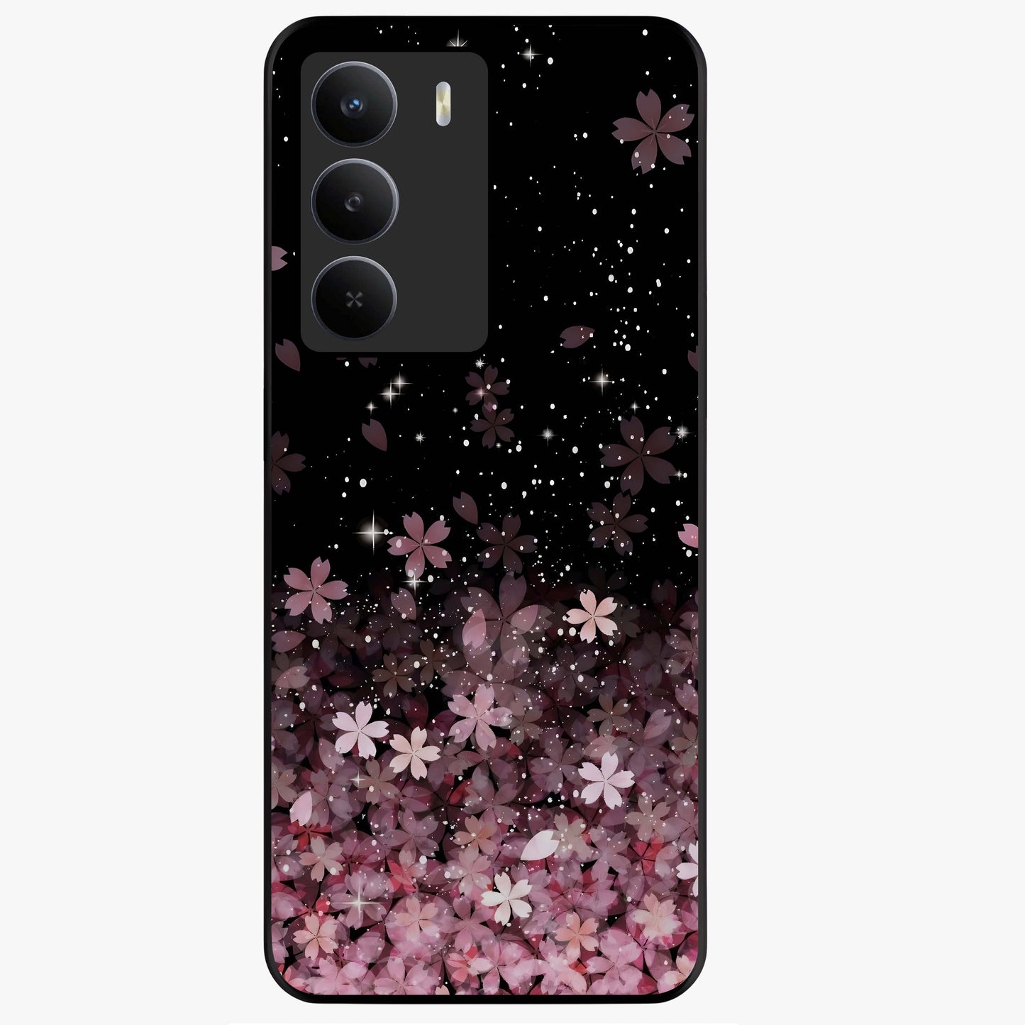Small Starry Flowers Glass Case showing flat back view with delicate starry floral artwork and glossy glass finish.