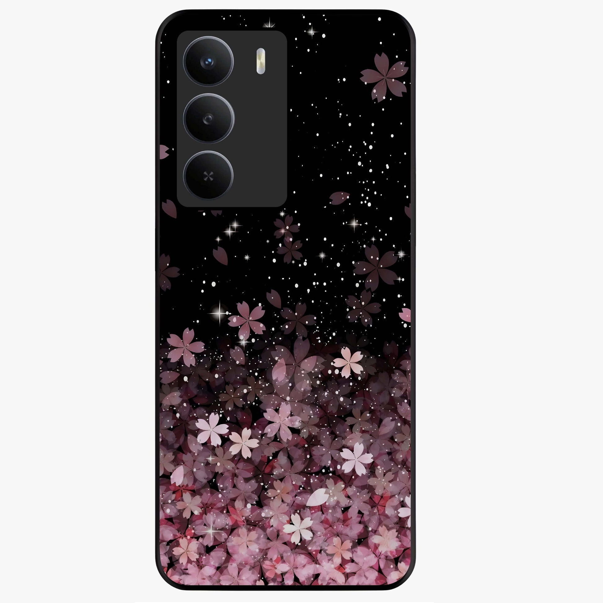 Small Starry Flowers Glass Case showing flat back view with delicate starry floral artwork and glossy glass finish.
