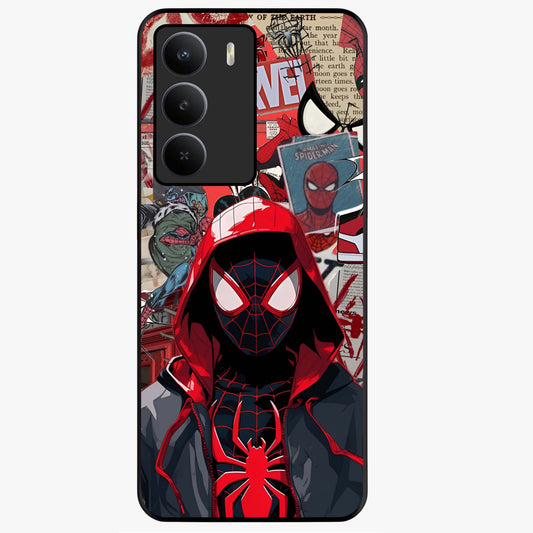 Spider Collage Street Glass Case showing flat back view with vibrant superhero collage artwork and glossy glass finish.