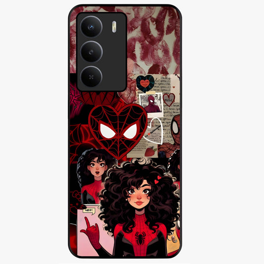 Spider Love Story Glass Case showing flat back view with romantic superhero themed artwork and glossy glass finish.