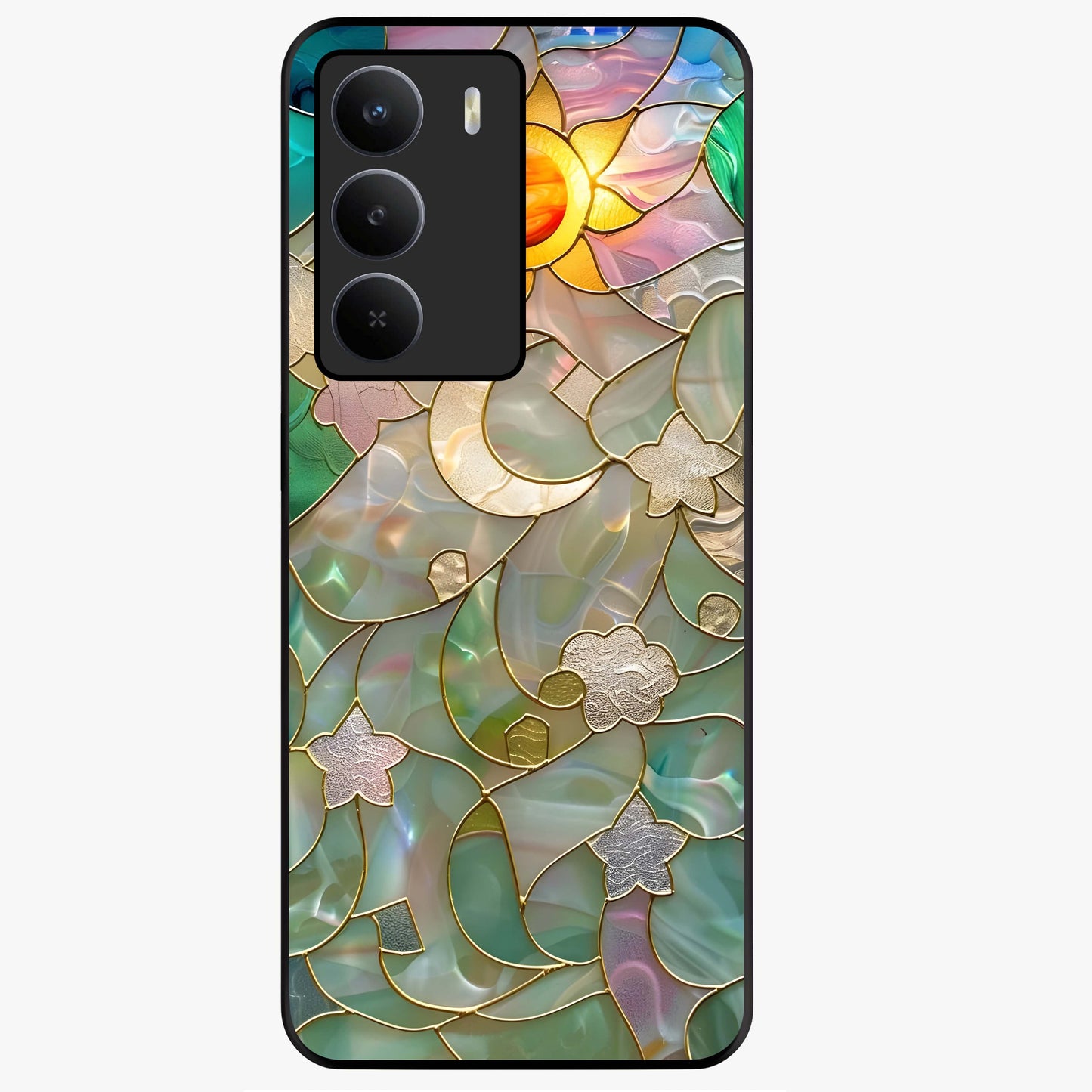 Stained Sunrise Glow Glass Case showing flat back view with glowing sunrise stained pattern artwork and glossy glass finish.