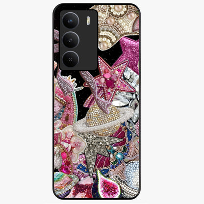 Starlit Jewel Dream Glass Case showing flat back view with sparkling jewel and star themed artwork and glossy glass finish.