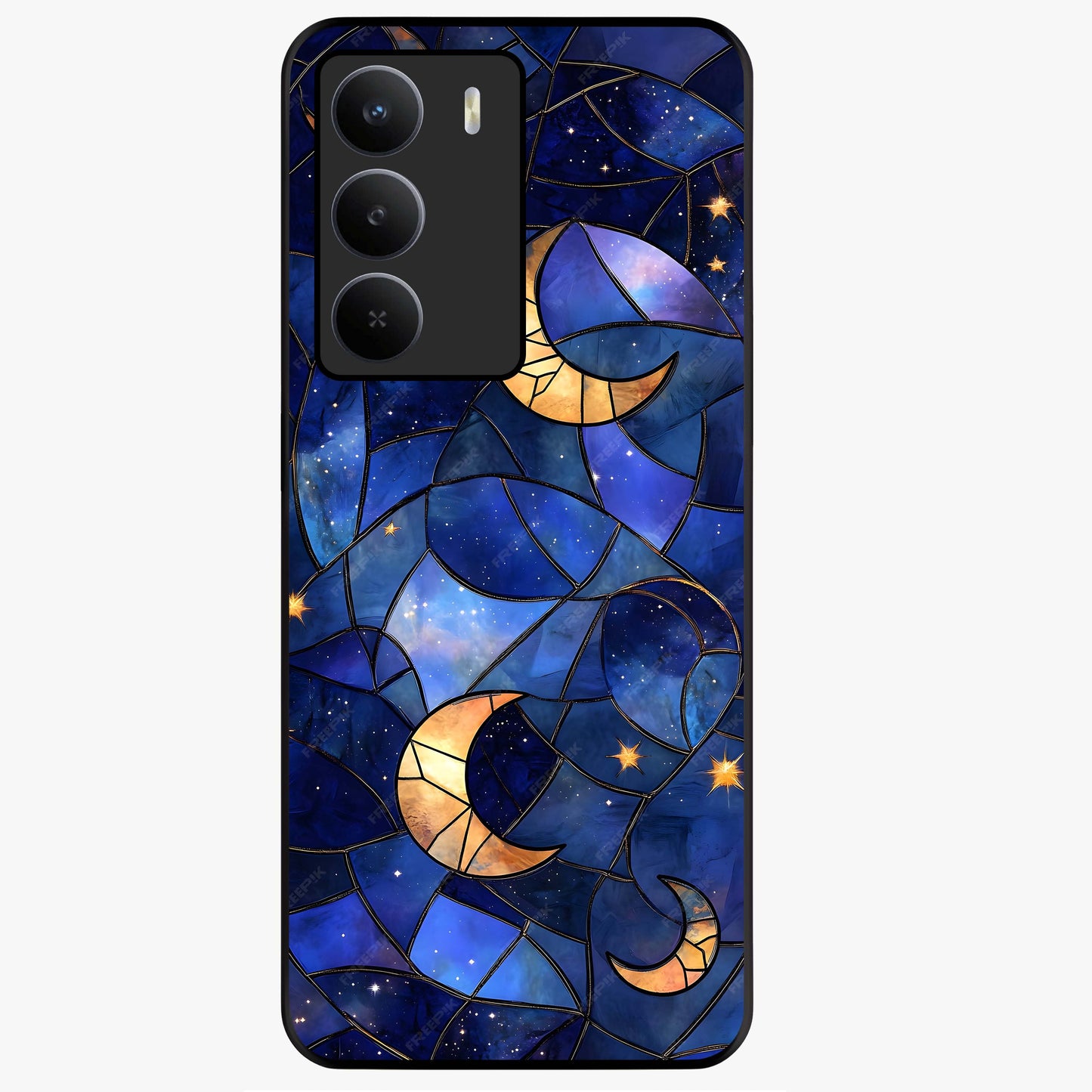 Starlit Sky Tapestry Glass Case showing flat back view with decorative starry sky tapestry artwork and glossy glass finish.