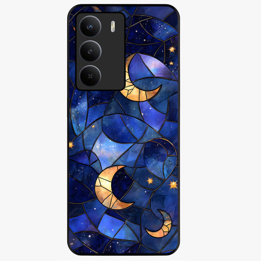 Starlit Sky Tapestry Glass Case showing flat back view with decorative starry sky tapestry artwork and glossy glass finish.