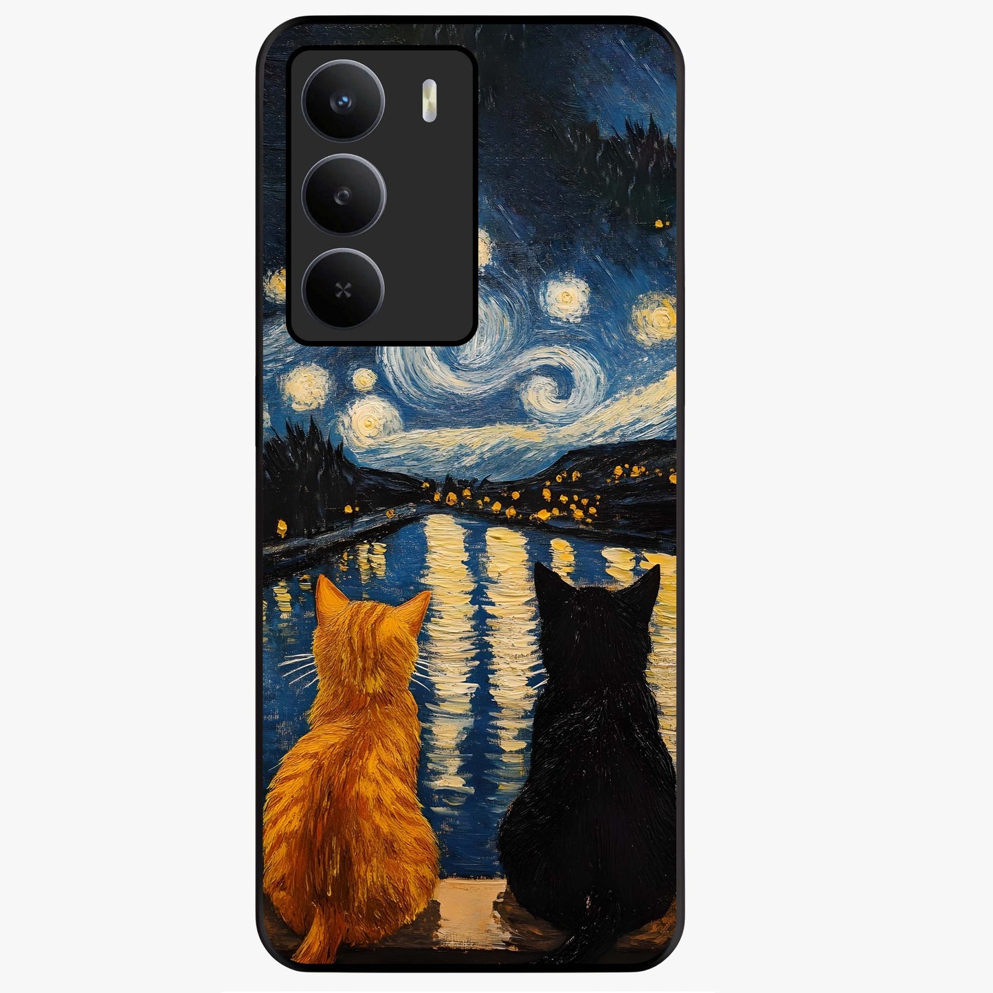 Starry River Cats Glass Case showing flat back view with cats by a starry river artwork and glossy glass finish.