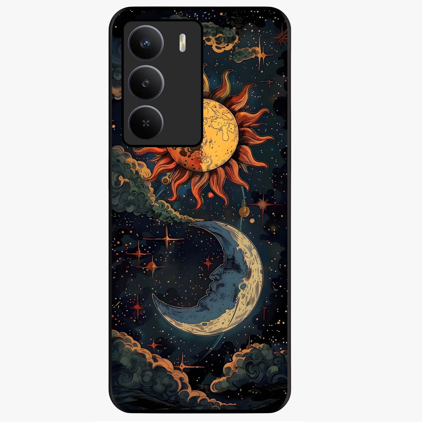 Sun And Moon Magic Design Glass Case showing flat back view with mystical sun and moon artwork and glossy glass finish.