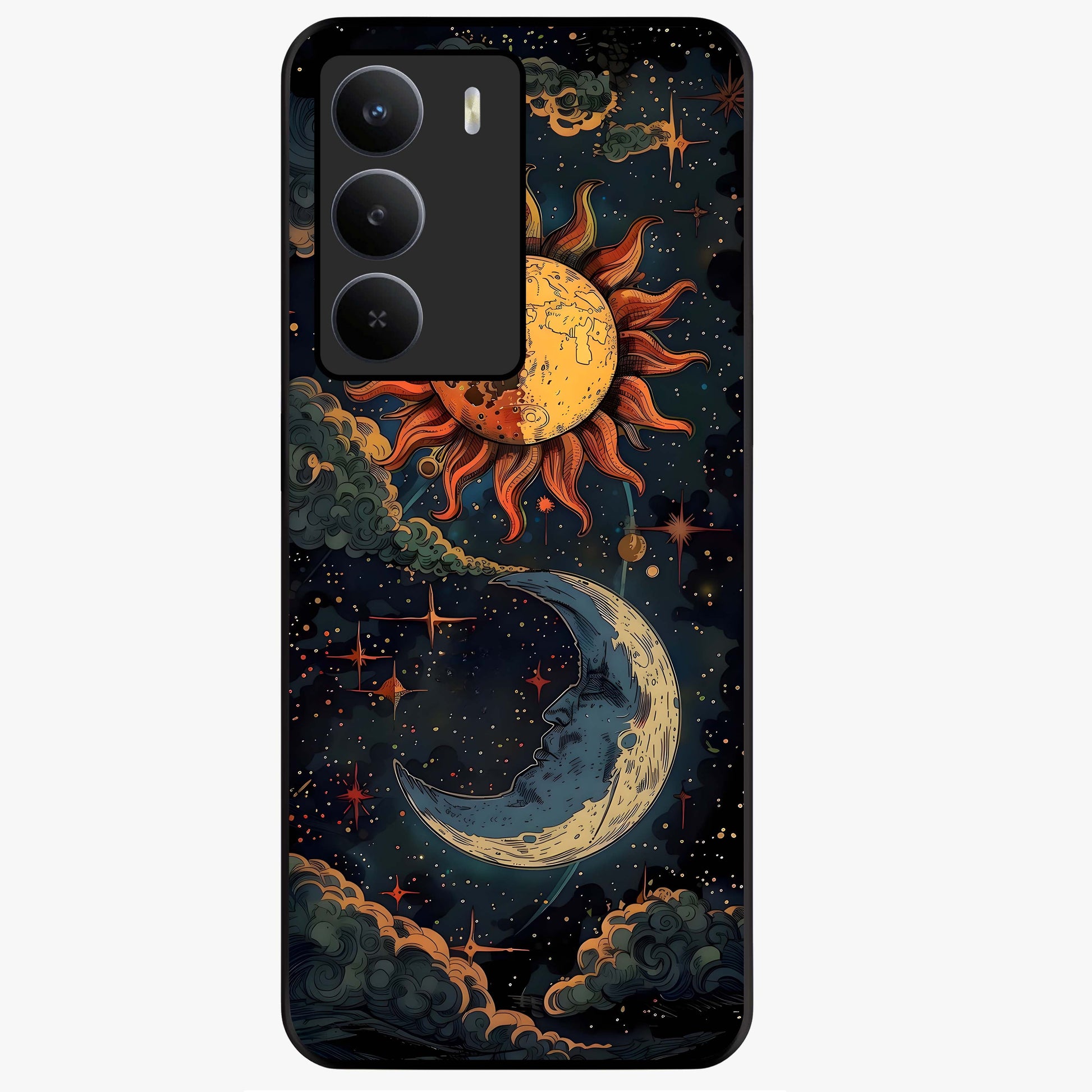 Sun And Moon Magic Design Glass Case showing flat back view with mystical sun and moon artwork and glossy glass finish.