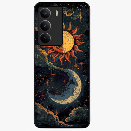 Sun And Moon Magic Design Glass Case showing flat back view with mystical sun and moon artwork and glossy glass finish.