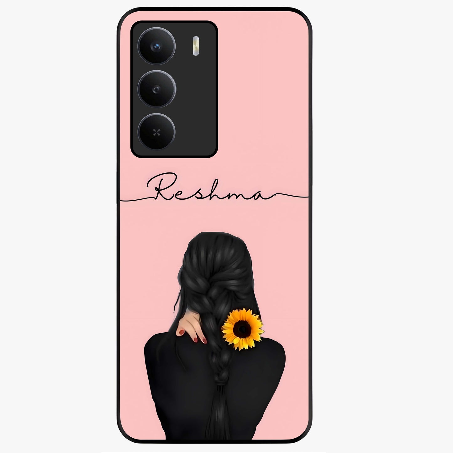 Sunflower Braid Beauty With Custom Name Glass Case showing flat back view with sunflower braid artwork and personalized name design.