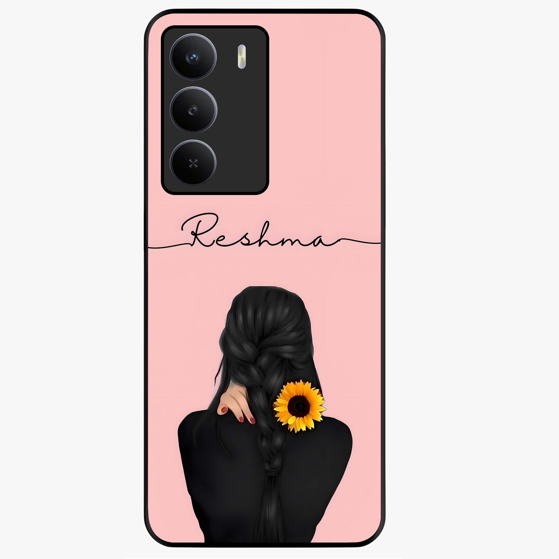 Sunflower Braid Beauty With Custom Name Glass Case showing flat back view with sunflower braid artwork and personalized name design.