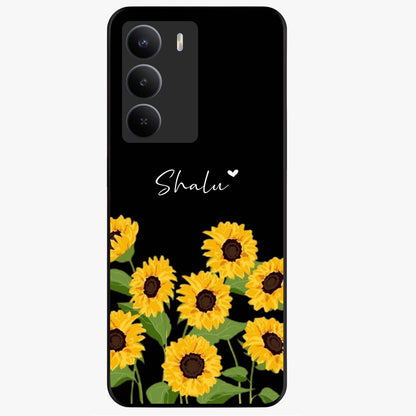 Sunflower Chic Mood Custom Name Glass Case showing flat back view with stylish sunflower artwork and personalized name design.