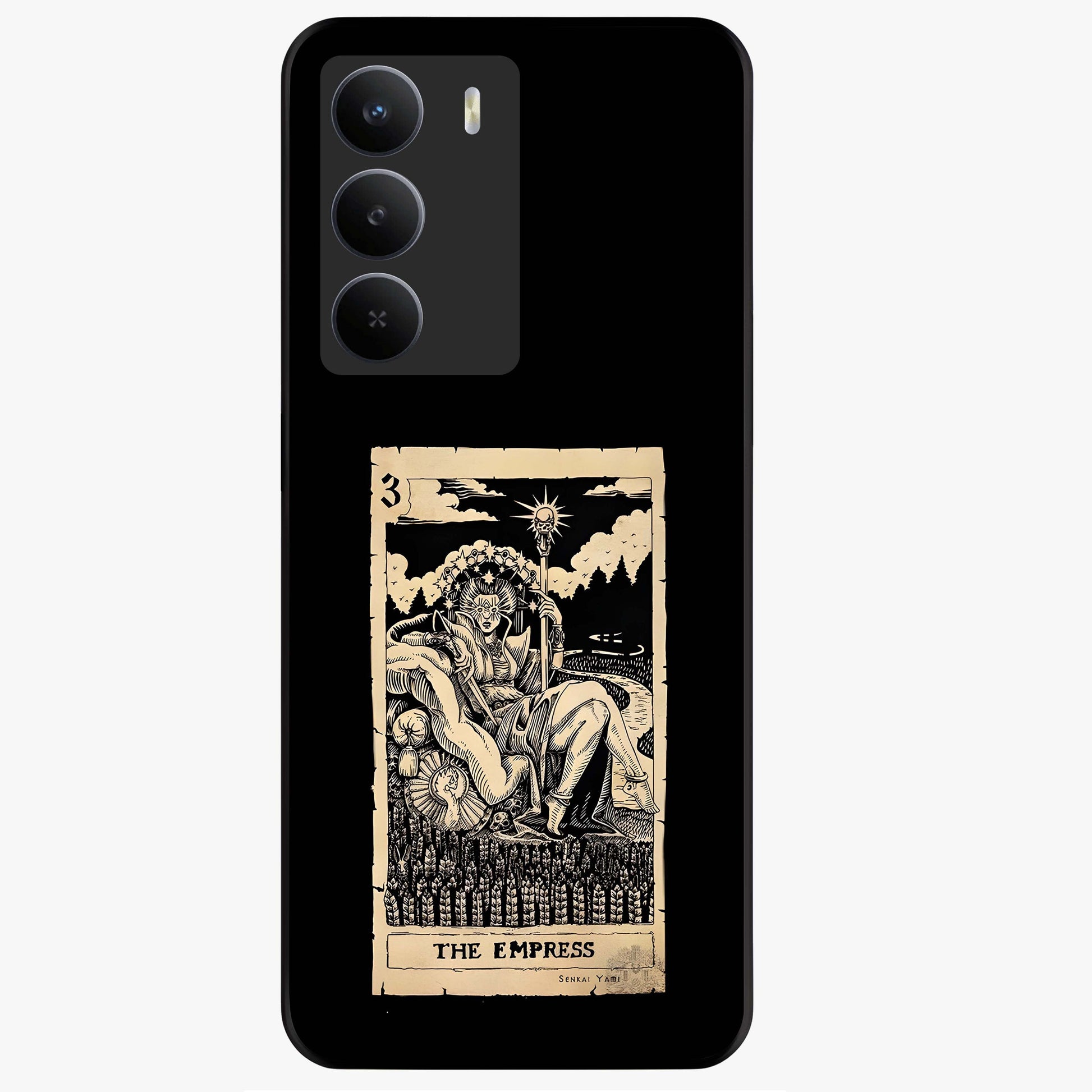 The Empress Glass Case showing flat back view with regal feminine artwork and glossy glass finish.