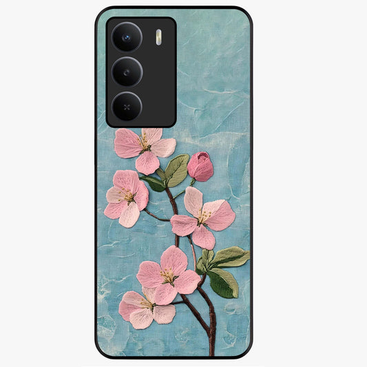 Threaded Blossom Breeze Glass Case showing flat back view with delicate blossom artwork and glossy glass finish.