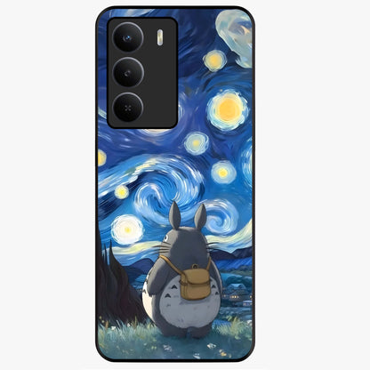 Totoro In Van Gogh Art Glass Case showing flat back view with whimsical character artwork inspired by Van Gogh style and glossy glass finish.