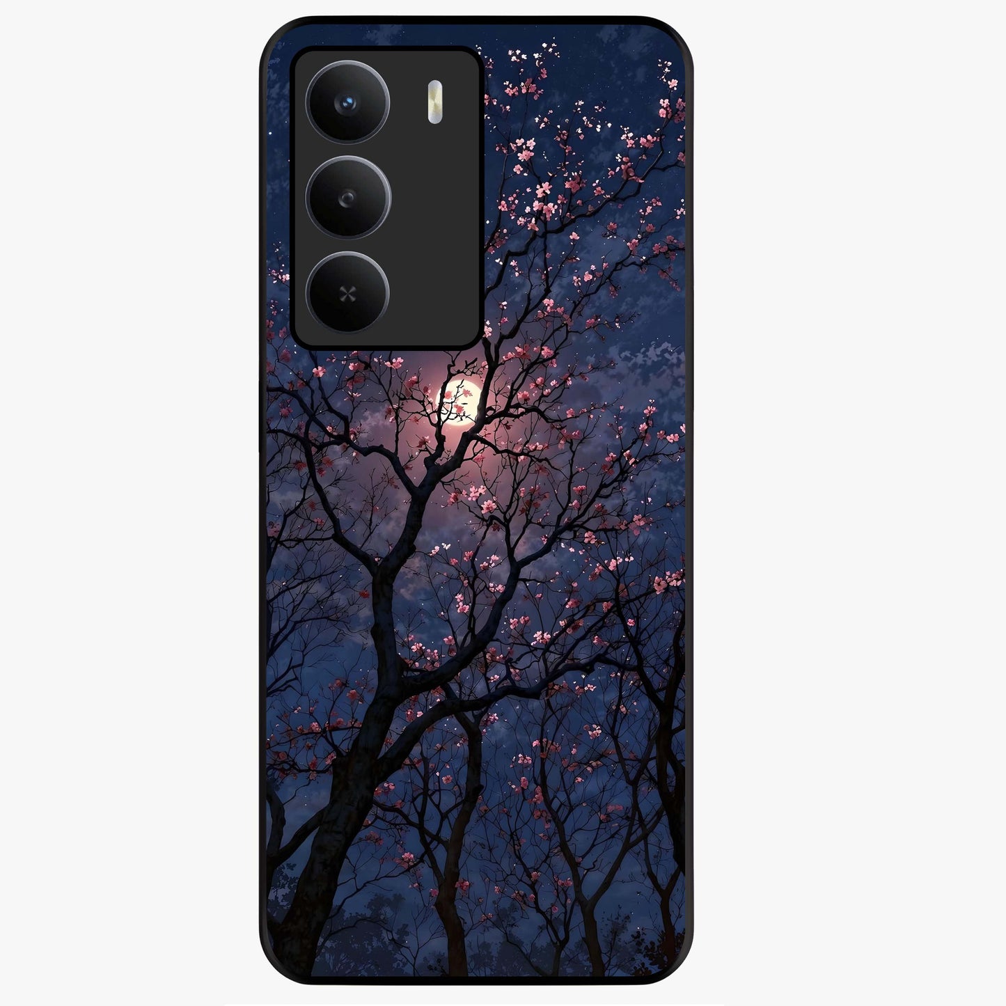 Twilight Sakura Serenade Glass Case showing flat back view with cherry blossom artwork at twilight and glossy glass finish.