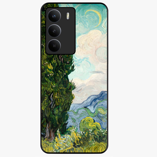 Van Gogh Vintage Art Glass Case showing flat back view with vintage painterly artwork inspired by Van Gogh style and glossy glass finish.