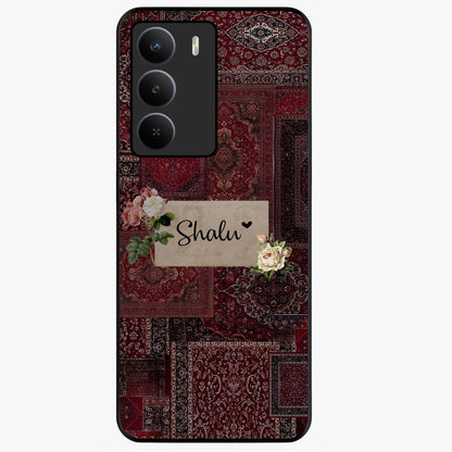 Velvet Wine Pattern Custom Name Glass Case showing flat back view with elegant wine colored pattern artwork and personalized name design.