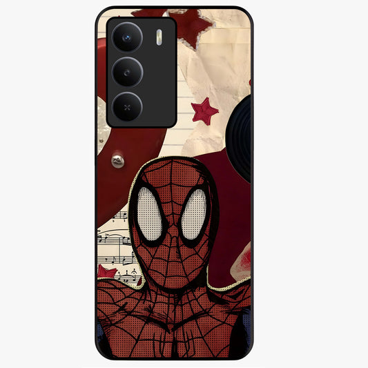Web Warrior Vibes Glass Case showing flat back view with superhero inspired web themed artwork and glossy glass finish.