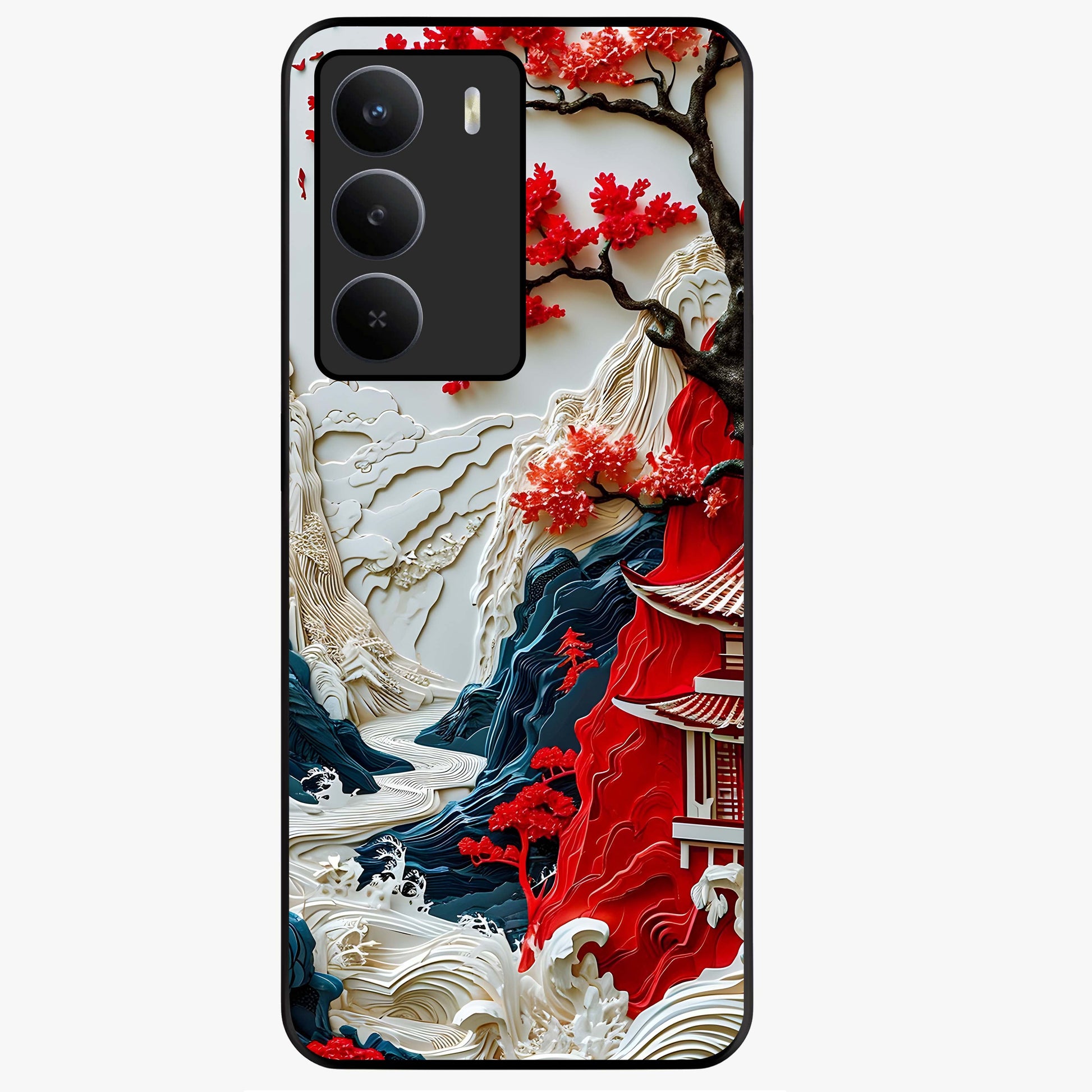 Whispers Of Sakura Waves Glass Case showing flat back view with cherry blossom wave artwork and glossy glass finish.
