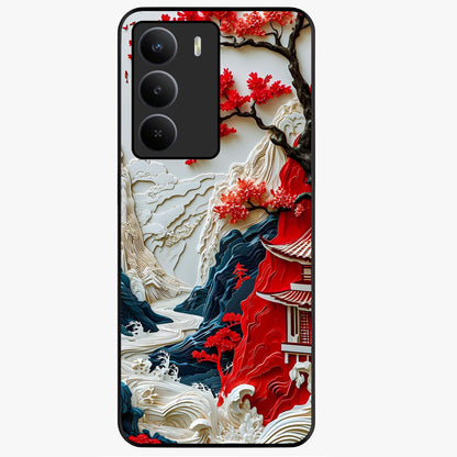 Whispers Of Sakura Waves Glass Case showing flat back view with cherry blossom wave artwork and glossy glass finish.