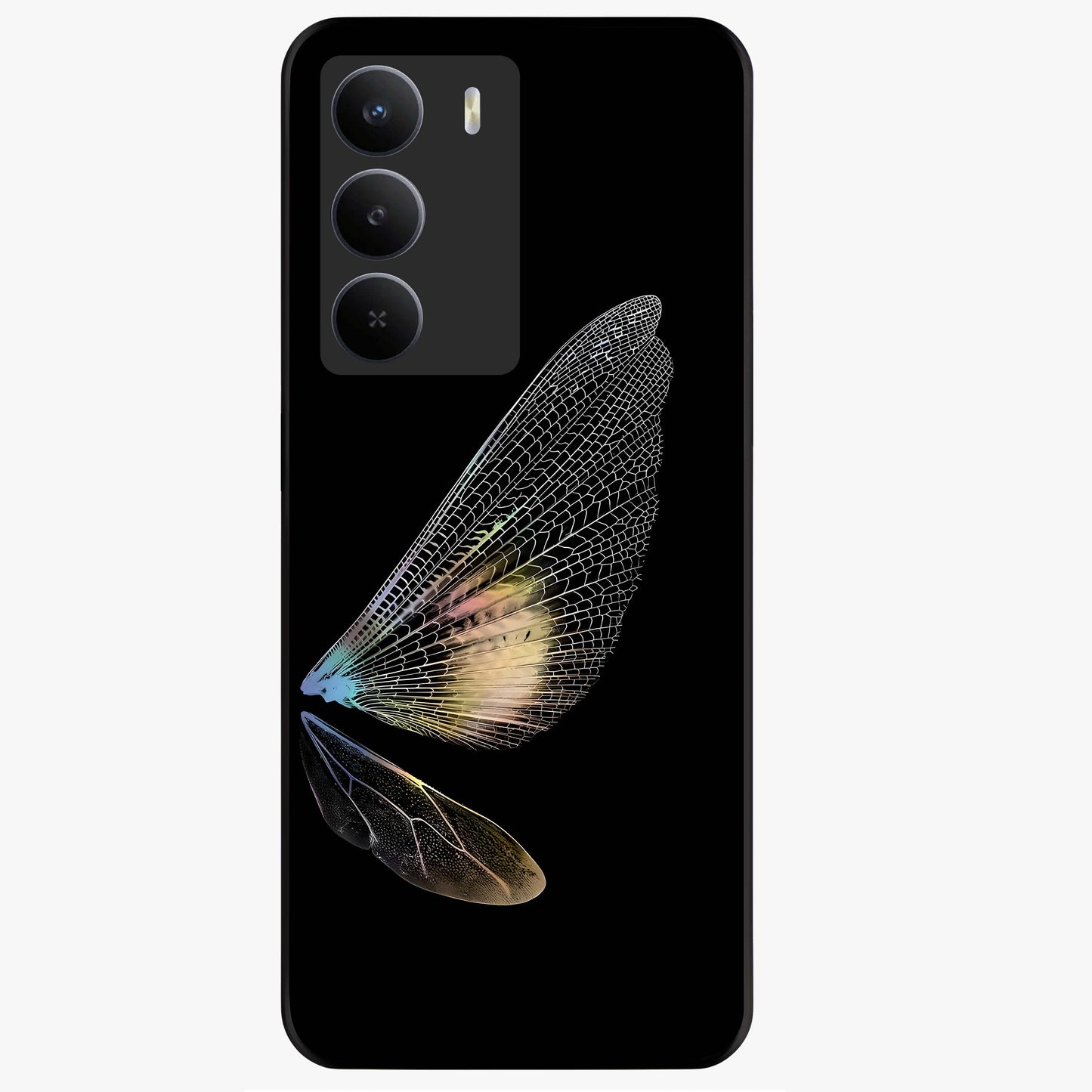 Whispers Of Wings Glass Case showing flat back view with graceful wing inspired artwork and glossy glass finish.