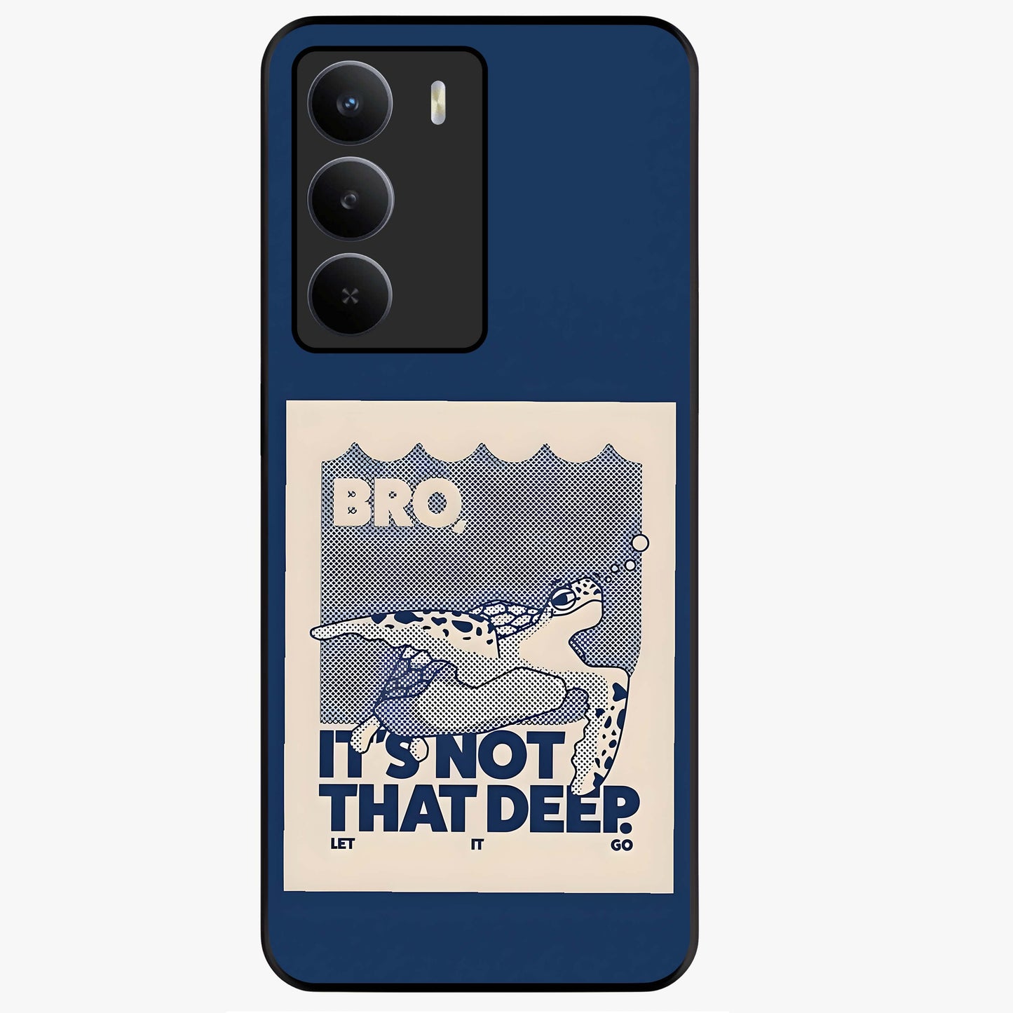 Worry Less Swim Glass Case showing flat back view with playful motivational artwork and glossy glass finish.