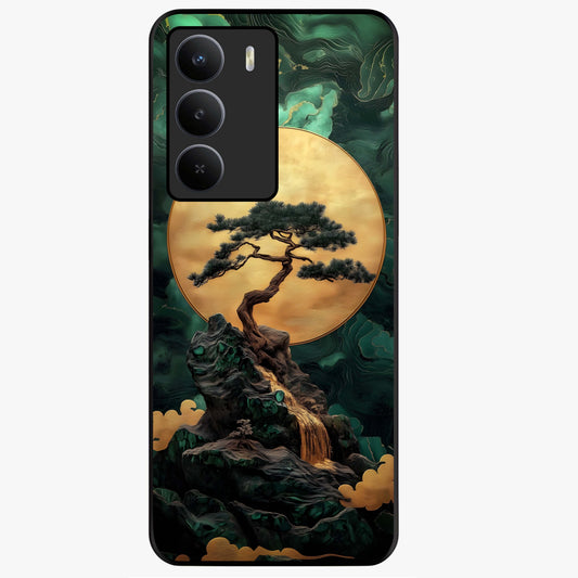 Zen Moon Rise Glass Case showing flat back view with calm moonrise artwork and glossy glass finish.