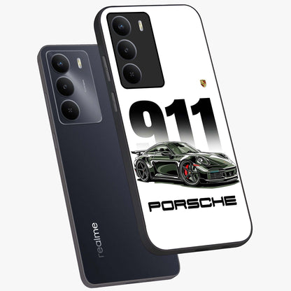 911 Turbo Dominance Glass Case displayed in premium angled mockup highlighting sporty car illustration and sleek glass surface.
