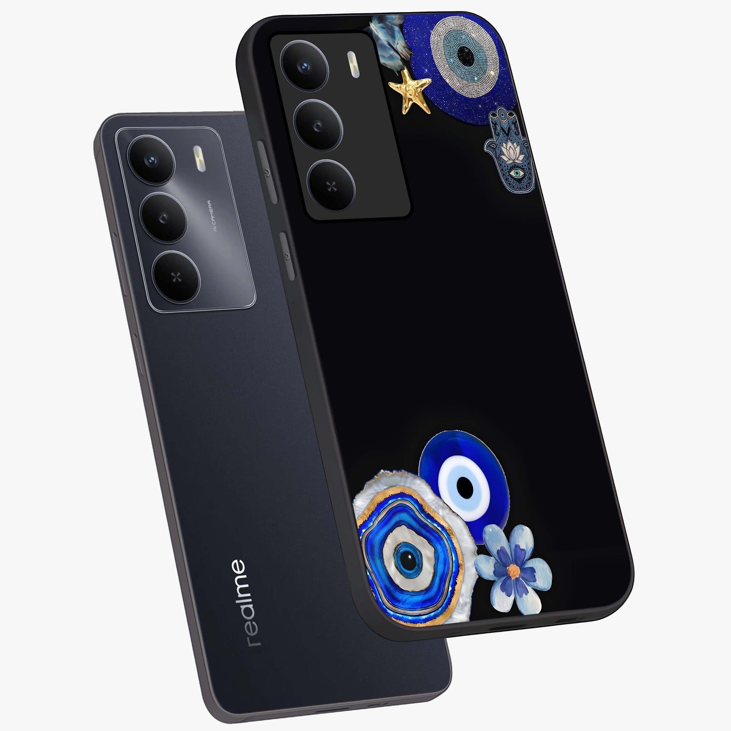 Aesthetic Blue Evil Eye Glass Case displayed in angled mockup highlighting blue evil eye symbol and spiritual aesthetic design.