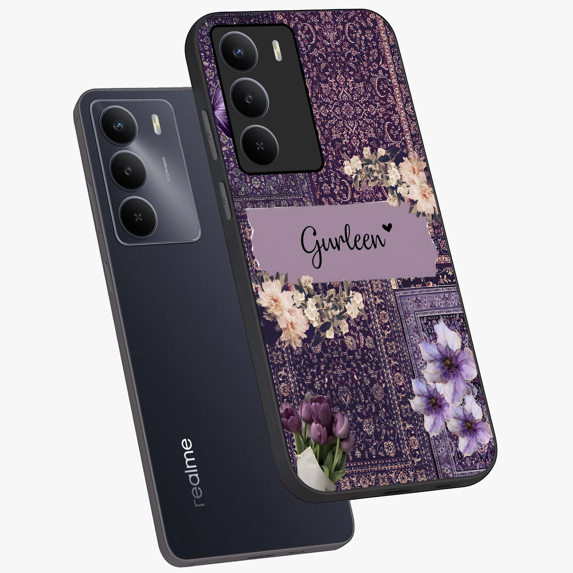 Antique Floral Whisper Custom Name Glass Case displayed in angled mockup highlighting elegant antique floral aesthetic.