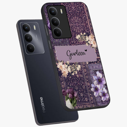 Antique Floral Whisper Custom Name Glass Case displayed in angled mockup highlighting elegant antique floral aesthetic.
